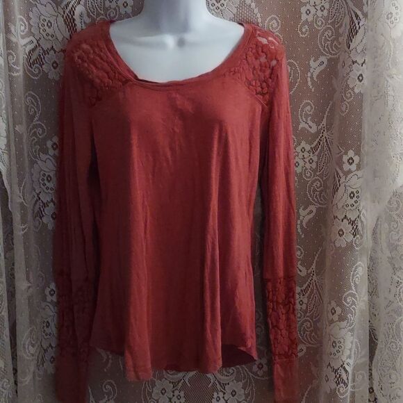 Maurice's Junior's size L‎ Boho Chic top 70s rust shirt lace accents sleeves - Picture 1 of 8